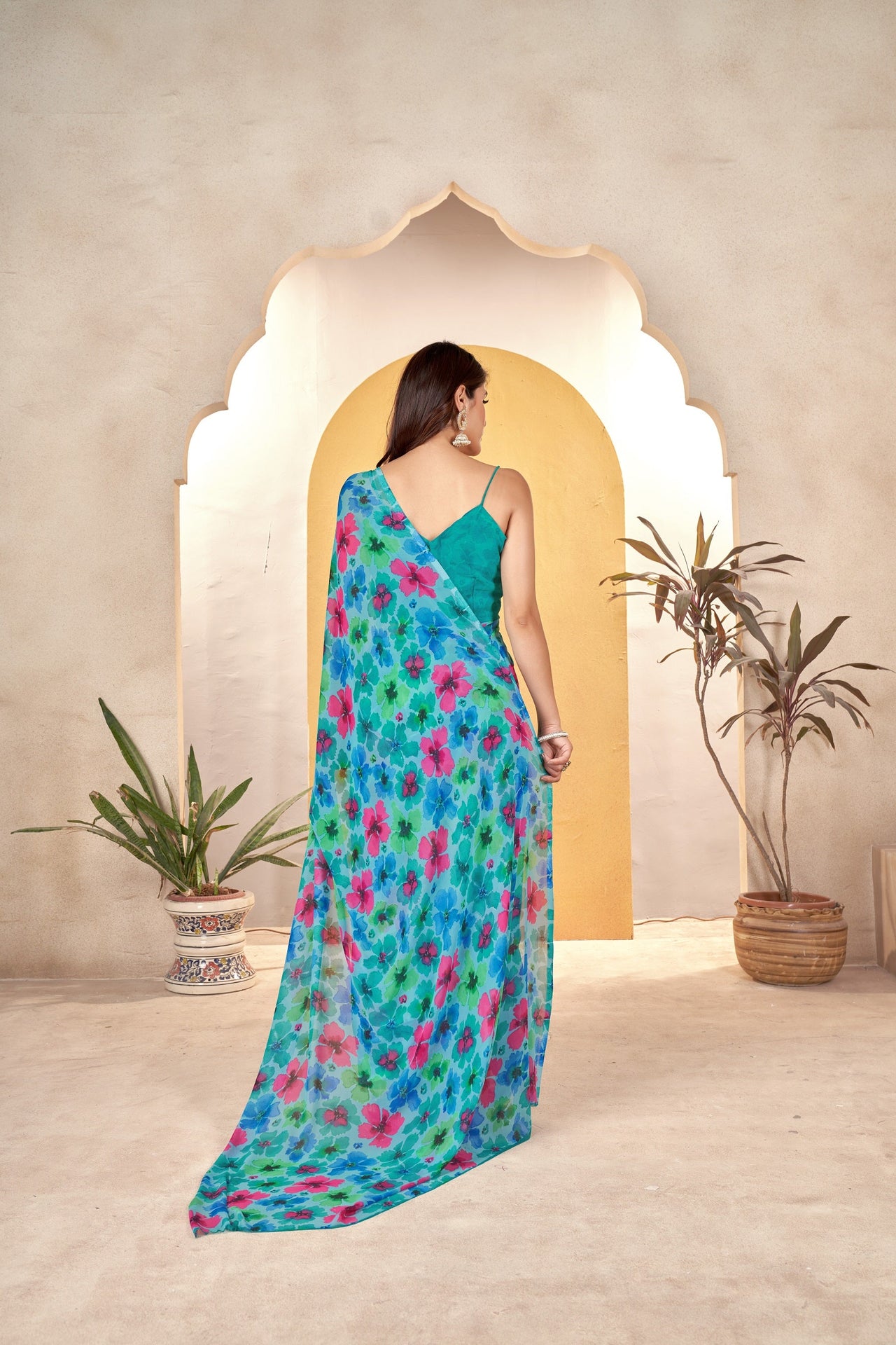 NOZ2TOZ Women Casual Wear Printed Weight Less Saree with Unstitched Blouse - Rama