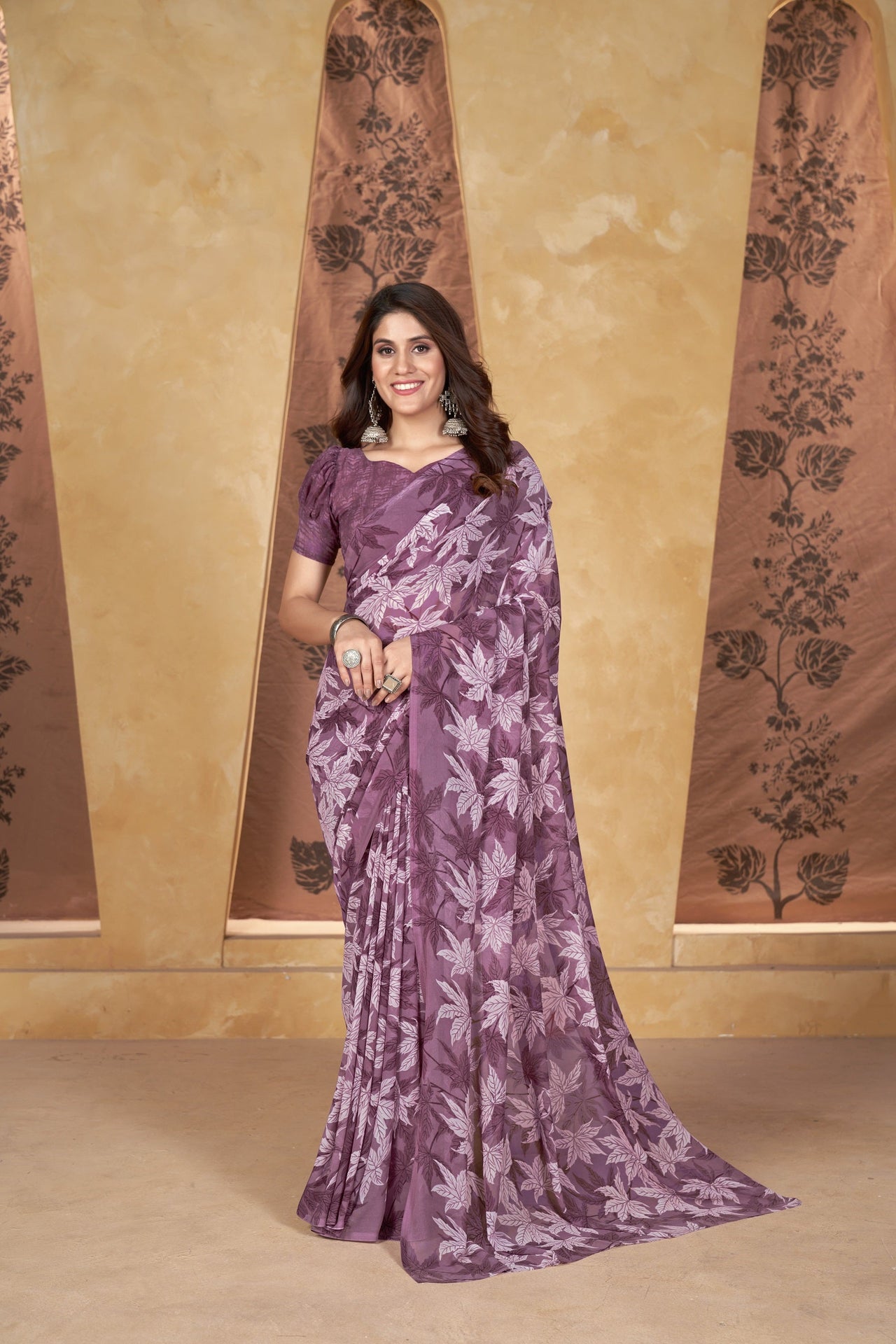 NOZ2TOZ Women Casual Wear Printed Weight Less Saree with Unstitched Blouse - Violet