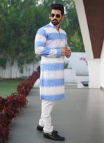 Thumbnail for Prazu Fashion Blue Cotton Embroidered Shading Print Kurta