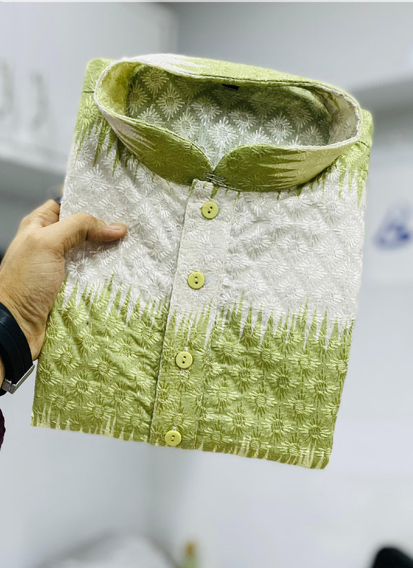 Prazu Fashion Mahendi Cotton Embroidered Shading Print Kurta