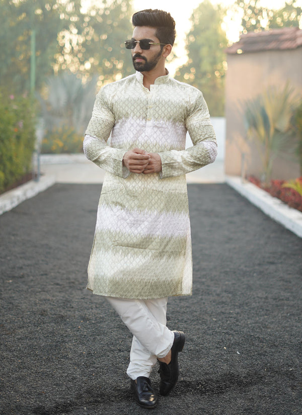 Prazu Fashion Mahendi Cotton Embroidered Shading Print Kurta