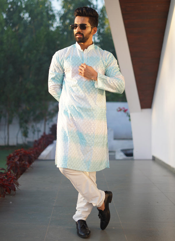 Prazu Fashion Sky Blue Cotton Embroidered Shading Print Kurta