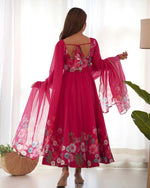 Thumbnail for Evanik Rani Pink Soft Organza Silk With Floral Print Fully Flared Anarkali Pant With Dupatta Set