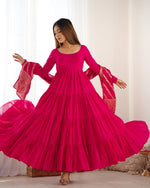 Thumbnail for Evanik Rani Pink Pure Roman Silk Chanderi With Fully Flair Anarkali Pant With Dupatta