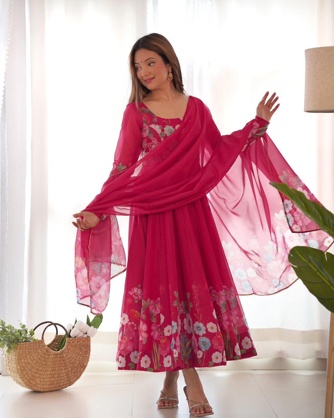 Evanik Rani Pink Soft Organza Silk With Floral Print Fully Flared Anarkali Pant With Dupatta Set