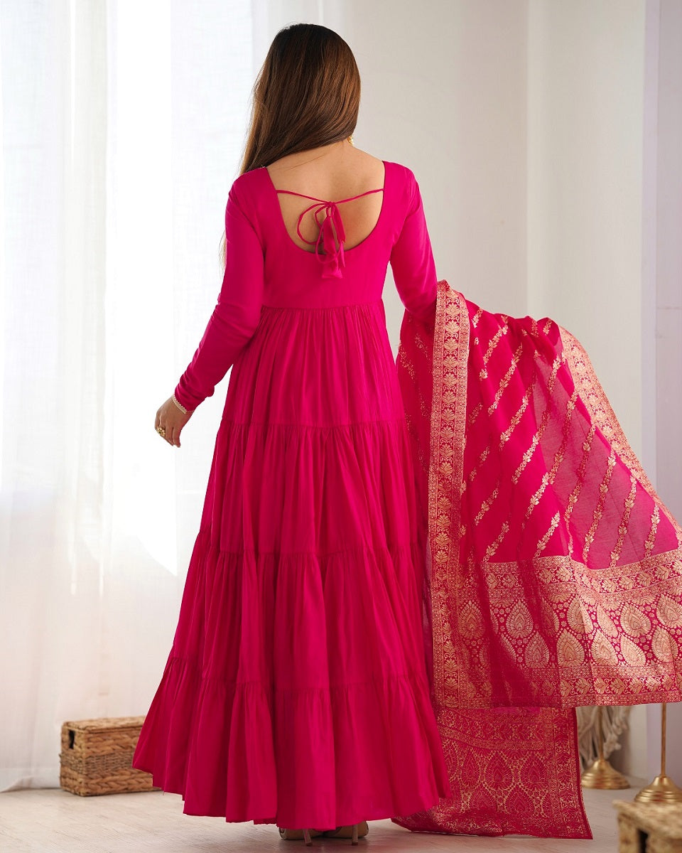 Evanik Rani Pink Pure Roman Silk Chanderi With Fully Flair Anarkali Pant With Dupatta