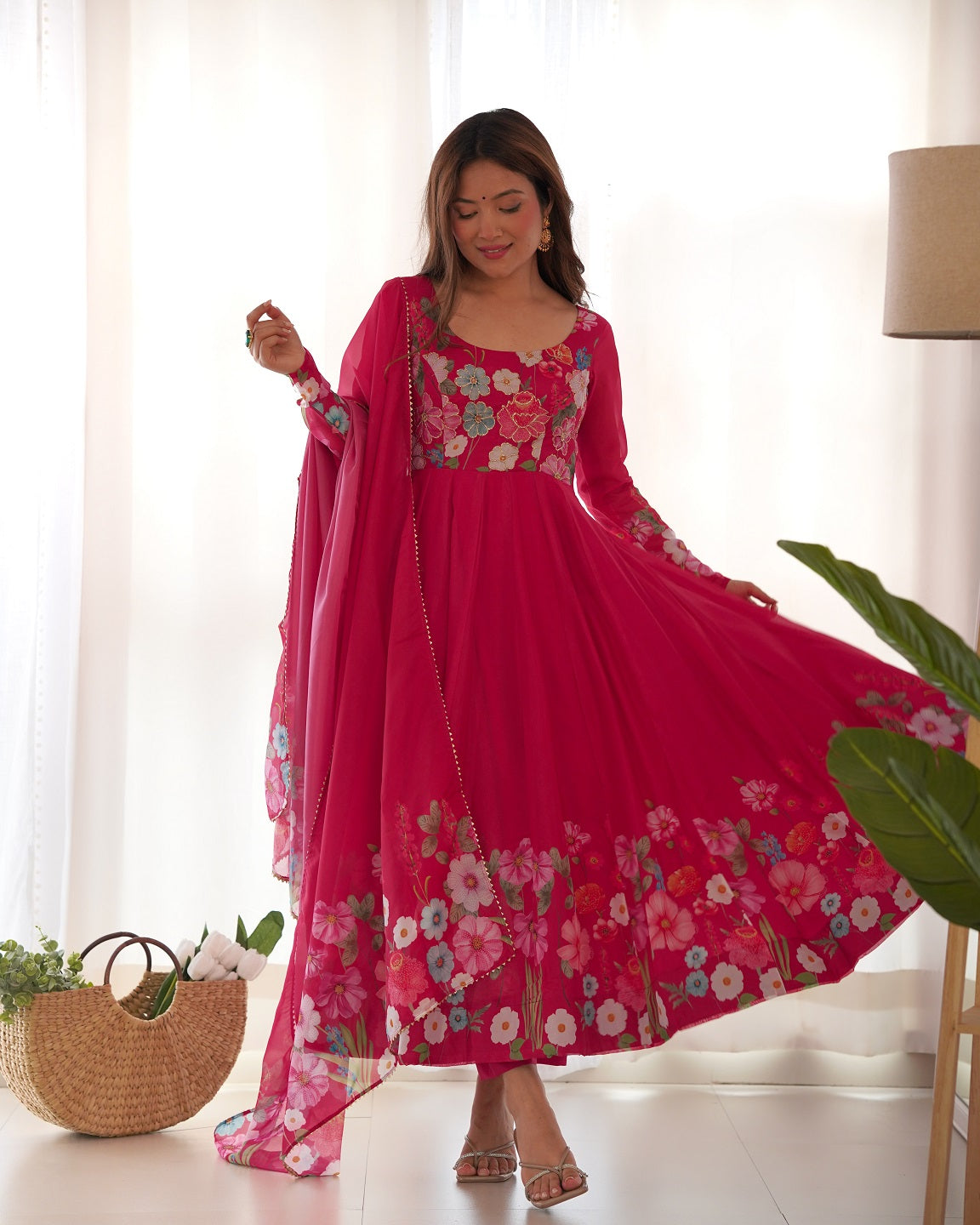 Evanik Rani Pink Soft Organza Silk With Floral Print Fully Flared Anarkali Pant With Dupatta Set