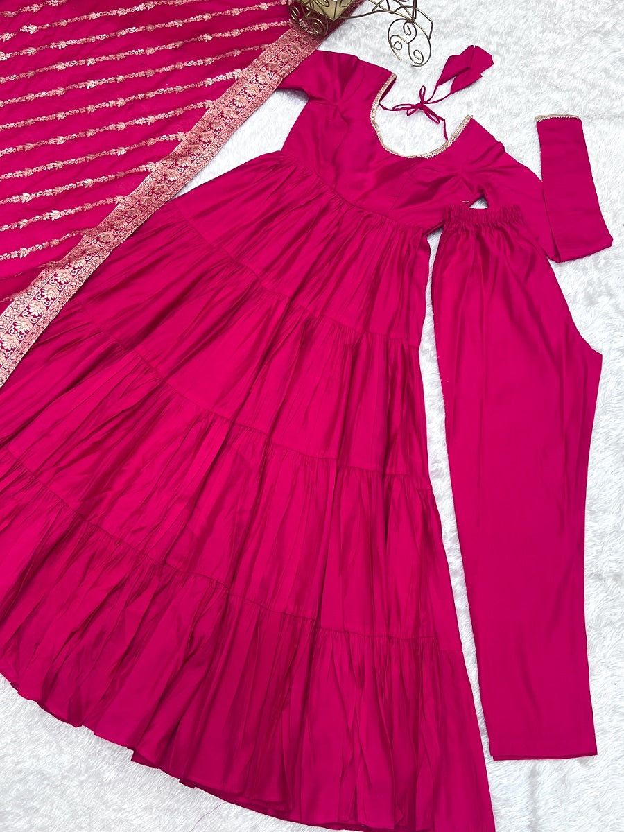 Evanik Rani Pink Pure Roman Silk Chanderi With Fully Flair Anarkali Pant With Dupatta