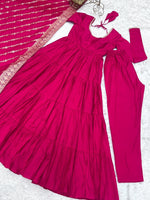 Thumbnail for Evanik Rani Pink Pure Roman Silk Chanderi With Fully Flair Anarkali Pant With Dupatta