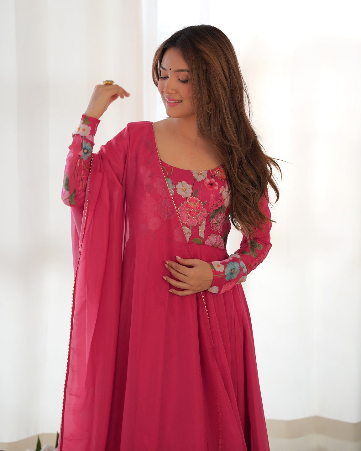 Evanik Rani Pink Soft Organza Silk With Floral Print Fully Flared Anarkali Pant With Dupatta Set
