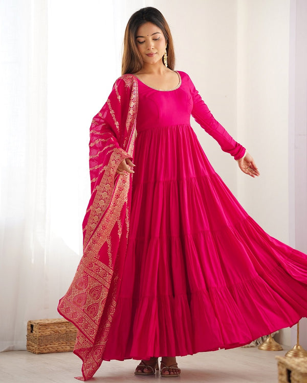 Evanik Rani Pink Pure Roman Silk Chanderi With Fully Flair Anarkali Pant With Dupatta