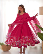 Thumbnail for Evanik Rani Pink Soft Organza Silk With Floral Print Fully Flared Anarkali Pant With Dupatta Set