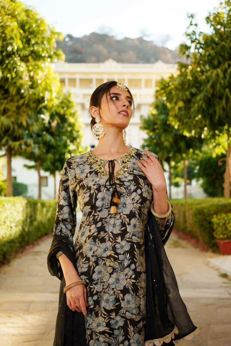 Vaasva Women Navy Blue Muslin Floral & Embroidered Cut Work Kurta ,Sharara & Dupatta set - Distacart