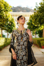 Thumbnail for Vaasva Women Navy Blue Muslin Floral & Embroidered Cut Work Kurta ,Sharara & Dupatta set - Distacart