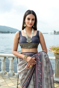 Thumbnail for Aastha Fashion Grey Floral Printed Cotton Silk Saree with Blouse - Distacart