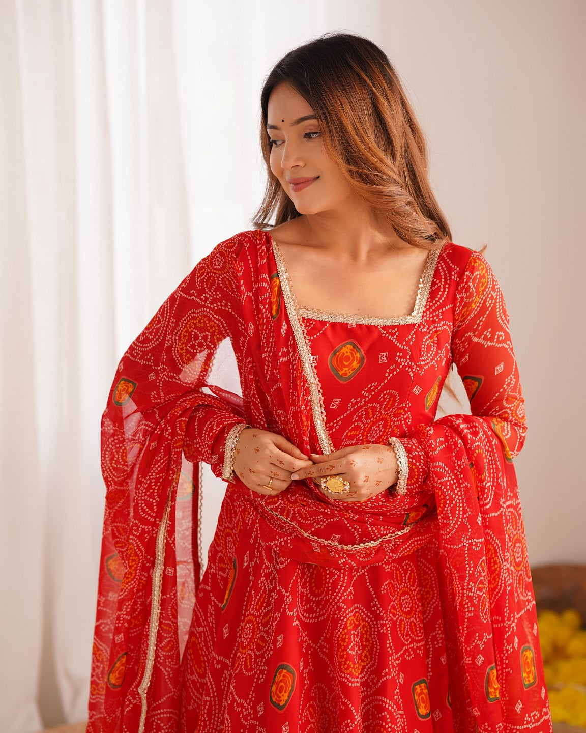 Evanik Red Pure Lightweight Chiffon Bandhej Design Anarkali Pant With Dupatta
