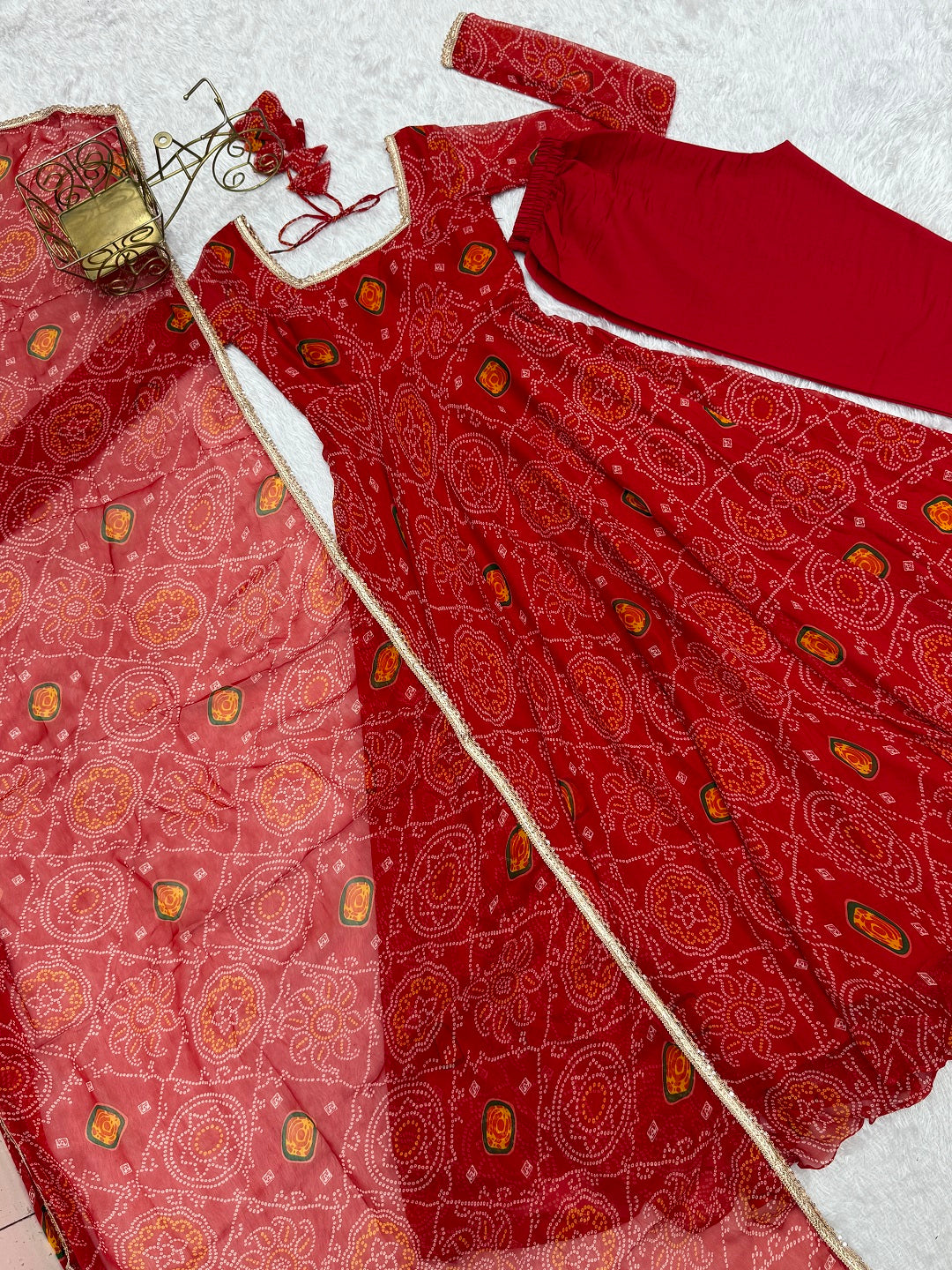 Evanik Red Pure Lightweight Chiffon Bandhej Design Anarkali Pant With Dupatta