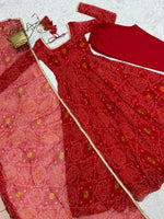 Thumbnail for Evanik Red Pure Lightweight Chiffon Bandhej Design Anarkali Pant With Dupatta