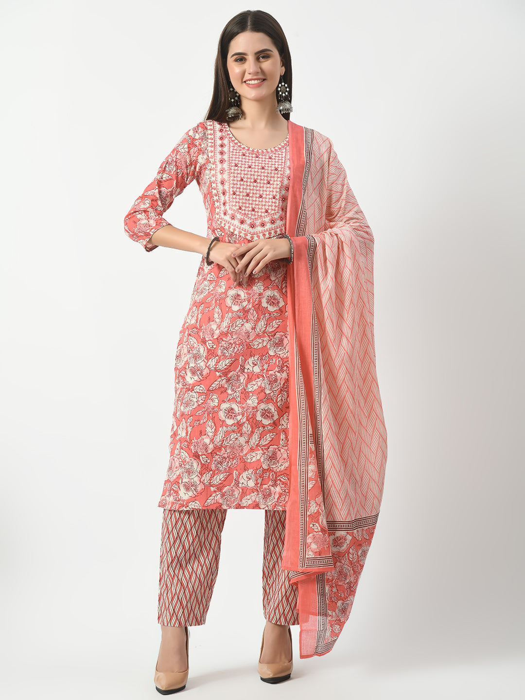 Pink Printed and Embroidered Kurta Pant With Dupatta Set - Rasiya