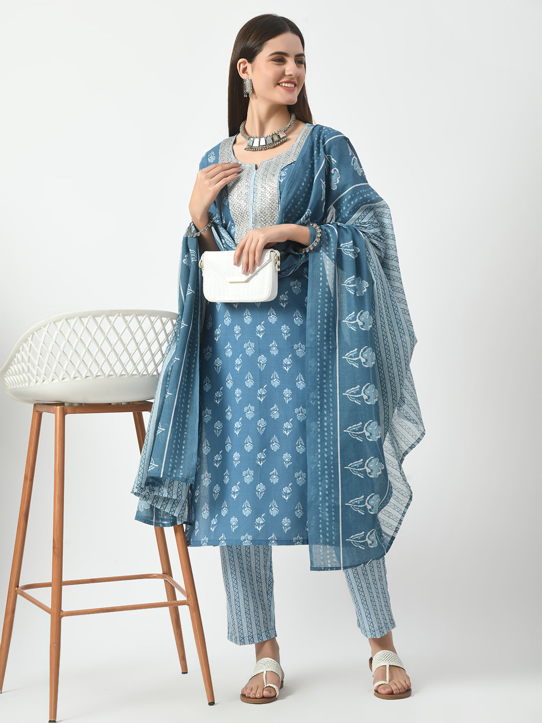 Blue Printed and Embroidered Kurta Pant With Dupatta Set - Rasiya