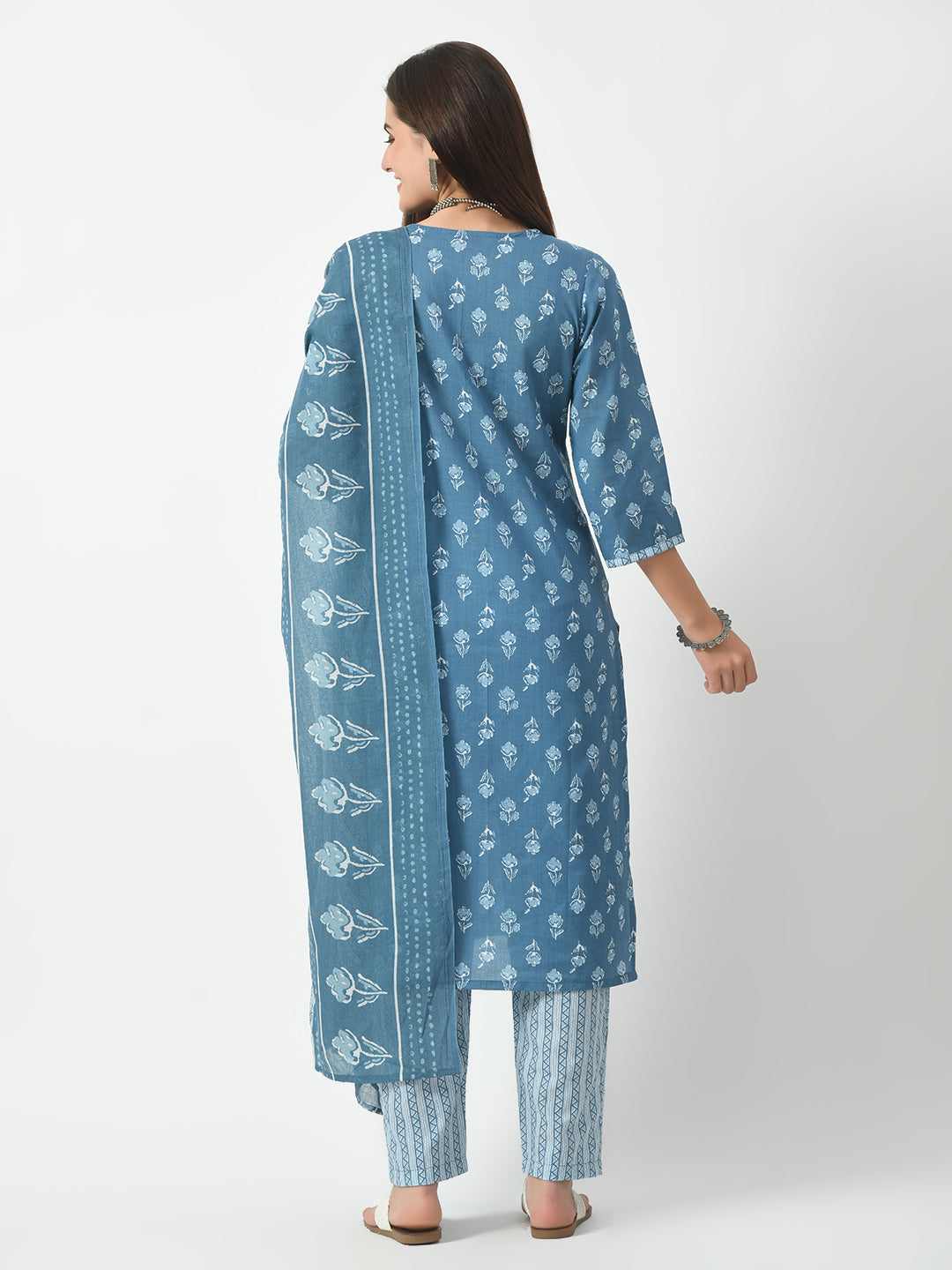 Blue Printed and Embroidered Kurta Pant With Dupatta Set - Rasiya