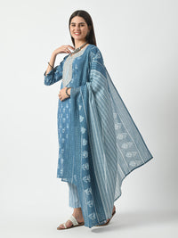 Thumbnail for Blue Printed and Embroidered Kurta Pant With Dupatta Set - Rasiya