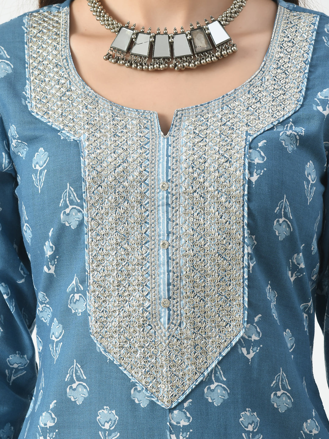 Blue Printed and Embroidered Kurta Pant With Dupatta Set - Rasiya