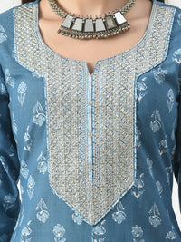 Thumbnail for Blue Printed and Embroidered Kurta Pant With Dupatta Set - Rasiya