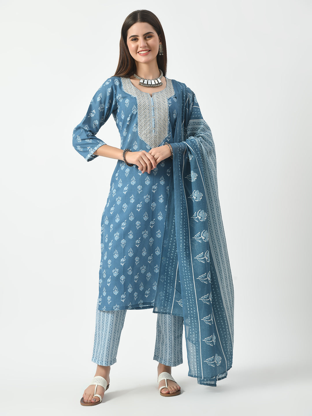 Blue Printed and Embroidered Kurta Pant With Dupatta Set - Rasiya
