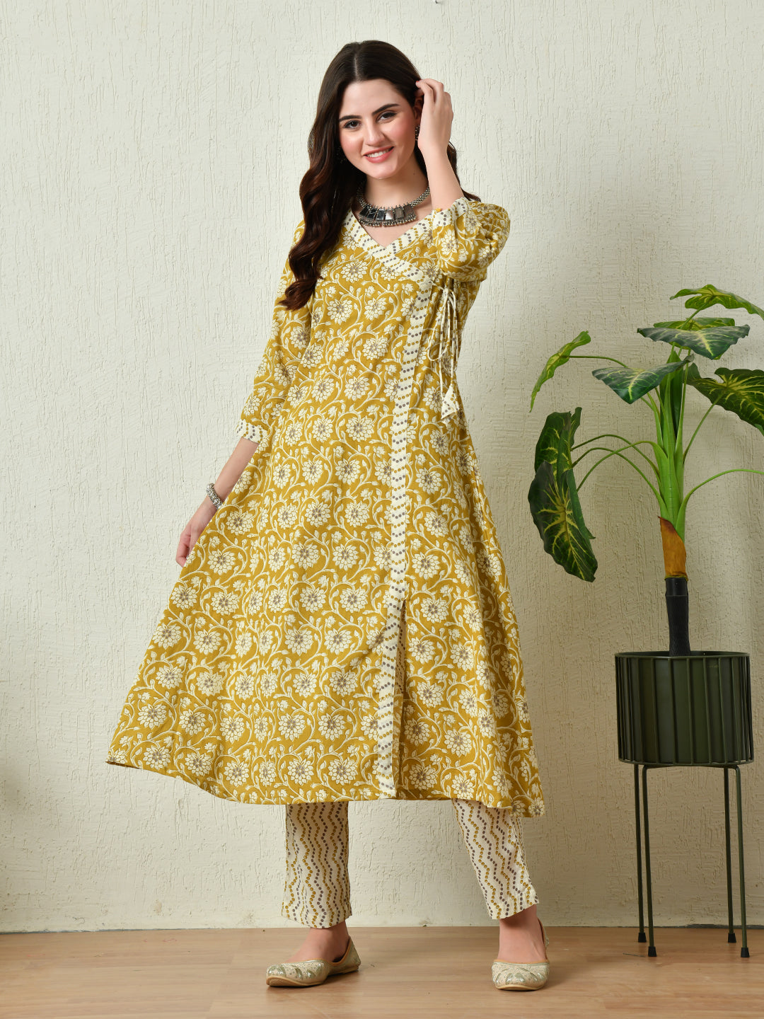 Women's Mustard Printed Angrakha A line Kurta Pant With Dupatta Set - Rasiya
