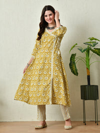 Thumbnail for Women's Mustard Printed Angrakha A line Kurta Pant With Dupatta Set - Rasiya