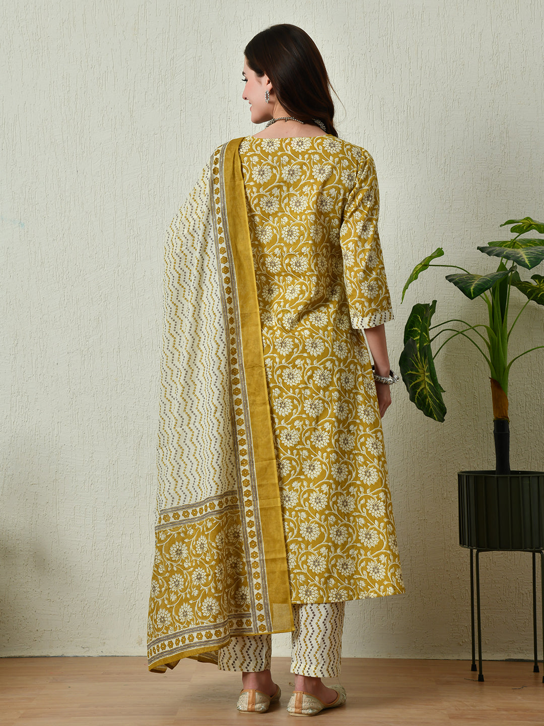 Women's Mustard Printed Angrakha A line Kurta Pant With Dupatta Set - Rasiya