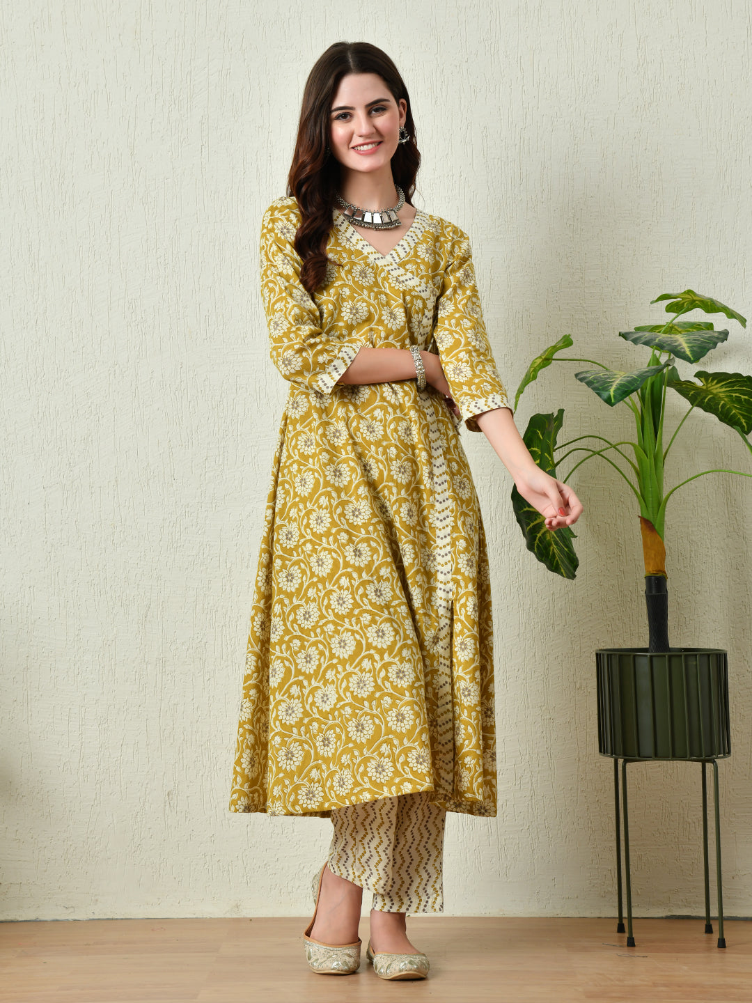 Women's Mustard Printed Angrakha A line Kurta Pant With Dupatta Set - Rasiya