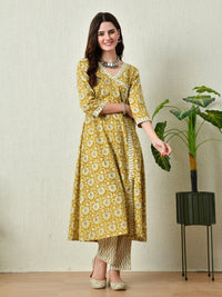 Thumbnail for Women's Mustard Printed Angrakha A line Kurta Pant With Dupatta Set - Rasiya
