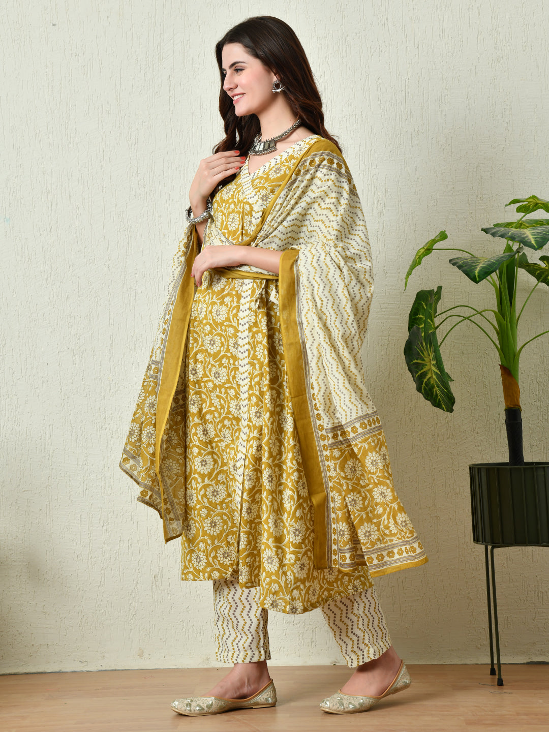 Women's Mustard Printed Angrakha A line Kurta Pant With Dupatta Set - Rasiya