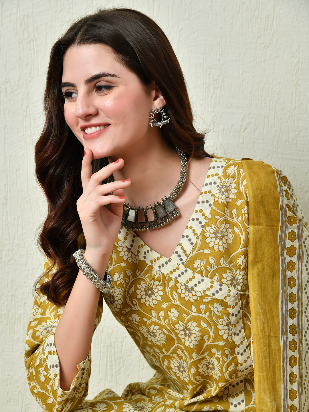 Women's Mustard Printed Angrakha A line Kurta Pant With Dupatta Set - Rasiya