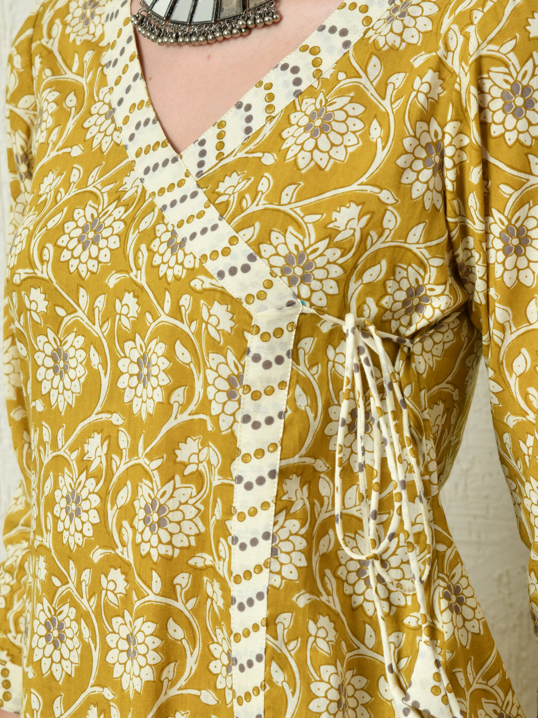 Women's Mustard Printed Angrakha A line Kurta Pant With Dupatta Set - Rasiya