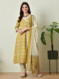 Thumbnail for Women's Mustard Printed Angrakha A line Kurta Pant With Dupatta Set - Rasiya