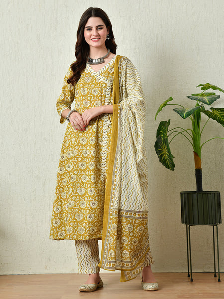 Women's Mustard Printed Angrakha A line Kurta Pant With Dupatta Set - Rasiya