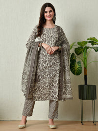 Thumbnail for Grey Printed Kurta Pant With Dupatta Set - Rasiya