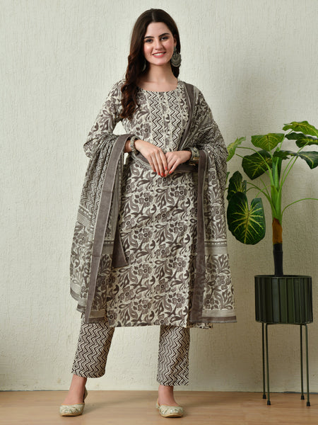 Grey Printed Kurta Pant With Dupatta Set - Rasiya