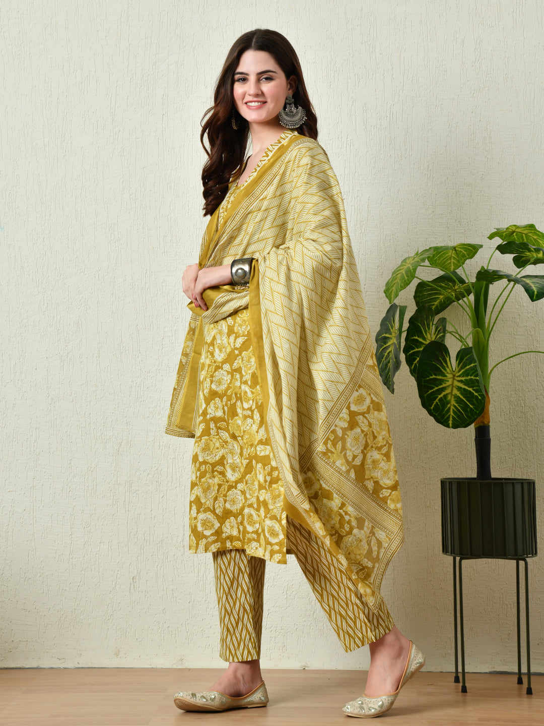 Mustard Cotton Printed Kurta Pant With Dupatta Set - Rasiya