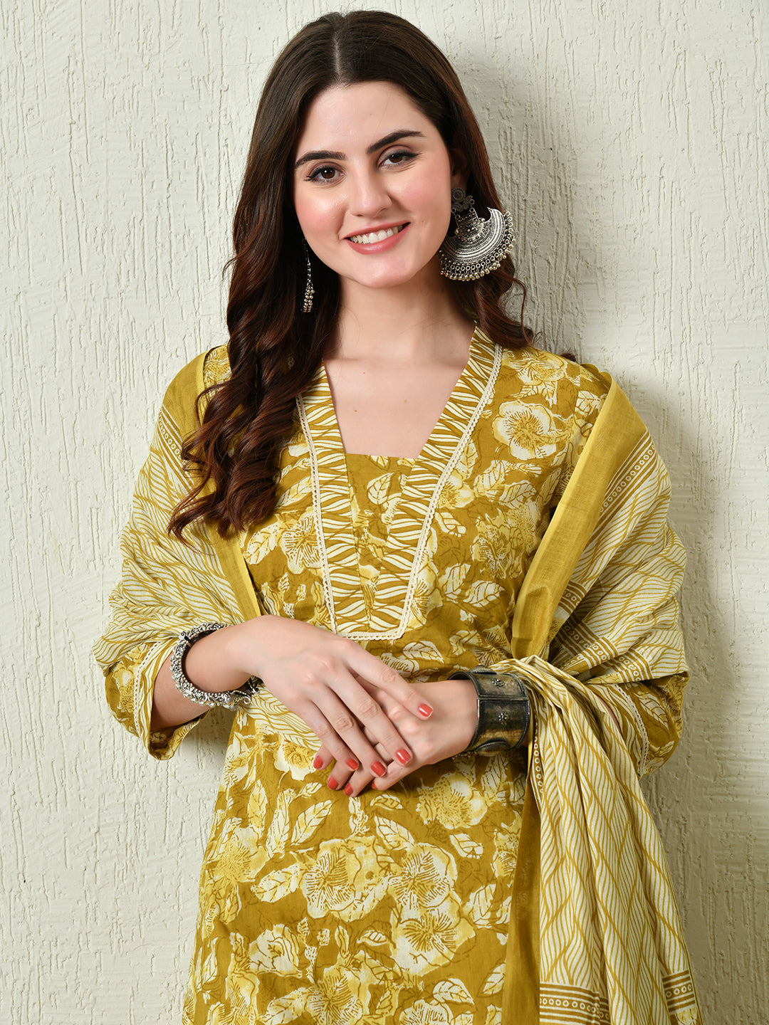 Mustard Cotton Printed Kurta Pant With Dupatta Set - Rasiya