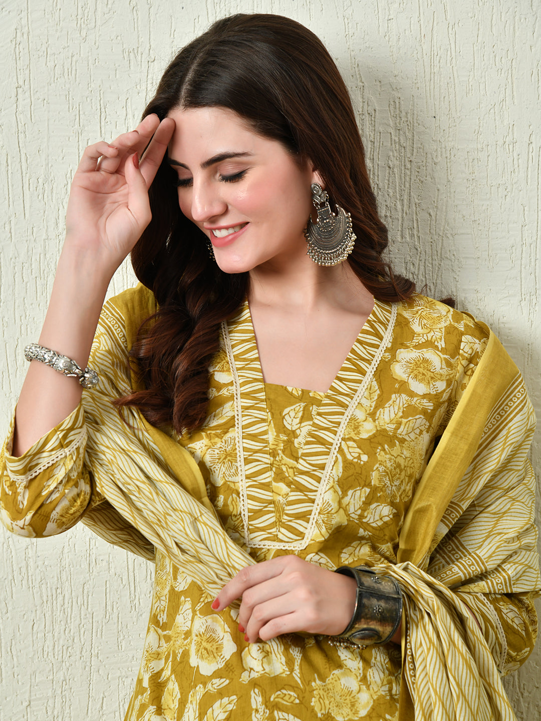 Mustard Cotton Printed Kurta Pant With Dupatta Set - Rasiya