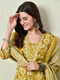 Thumbnail for Mustard Cotton Printed Kurta Pant With Dupatta Set - Rasiya