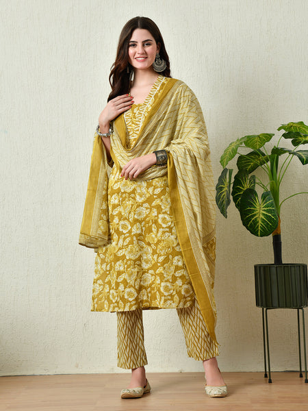 Mustard Cotton Printed Kurta Pant With Dupatta Set - Rasiya
