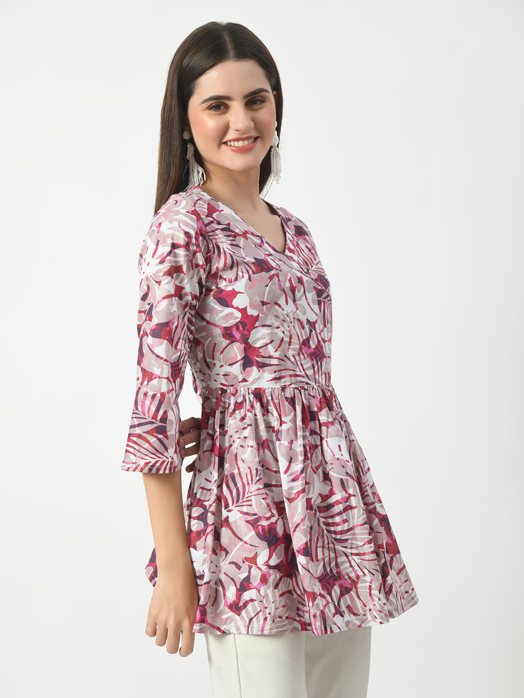Women's Pink Printed Flared Short Kurti With Angrakha Style - Rasiya
