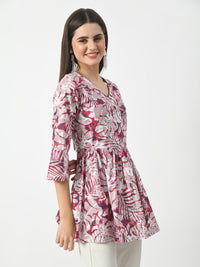 Thumbnail for Women's Pink Printed Flared Short Kurti With Angrakha Style - Rasiya