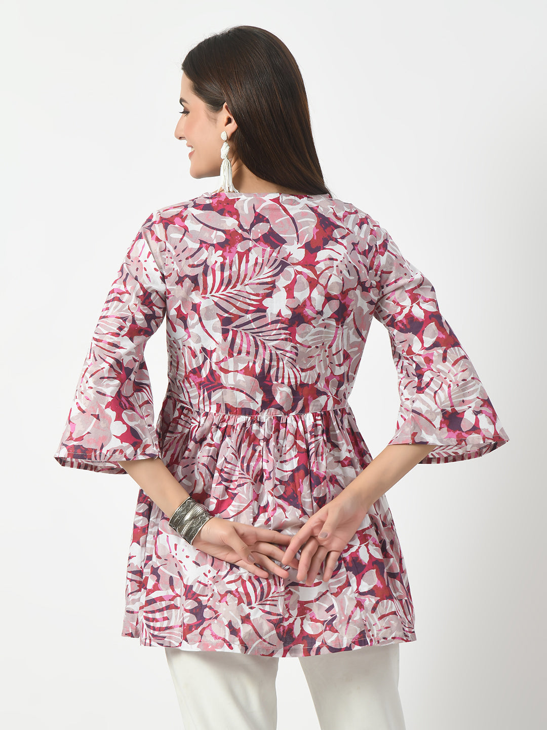 Women's Pink Printed Flared Short Kurti With Angrakha Style - Rasiya