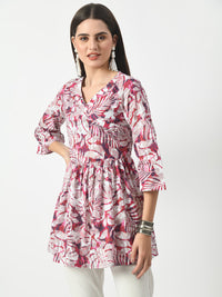 Thumbnail for Women's Pink Printed Flared Short Kurti With Angrakha Style - Rasiya